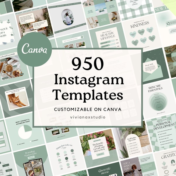 950 Plantillas de Instagram / Plantillas verdes neutrales / Plantillas Canva limpias y minimalistas / Compromiso de Instagram / Carruseles estéticos mínimos canva