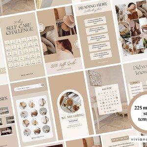 May include: A collection of 225 matching story templates in beige and white tones. The templates include designs for a 30-day self-care challenge, free courses, and a June 2022 calendar. The image also features text that says "Heading Here" and "We are hiring".