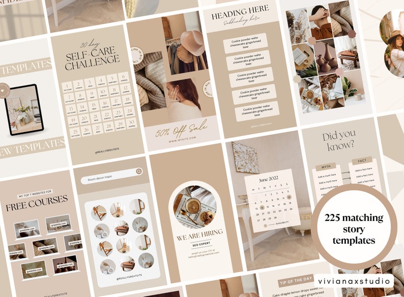 May include: A collection of 225 matching story templates in beige and white tones. The templates include designs for a 30-day self-care challenge, free courses, and a June 2022 calendar. The image also features text that says "Heading Here" and "We are hiring".