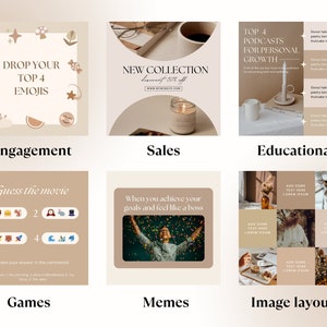 May include: A collage of social media templates with text overlays. The templates include designs for engagement, sales, educational content, games, memes, and image layouts. Each template features a neutral color palette with various graphics and text.
