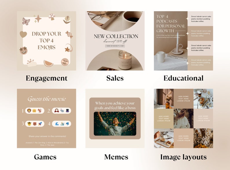 May include: A collage of social media templates with text overlays. The templates include designs for engagement, sales, educational content, games, memes, and image layouts. Each template features a neutral color palette with various graphics and text.