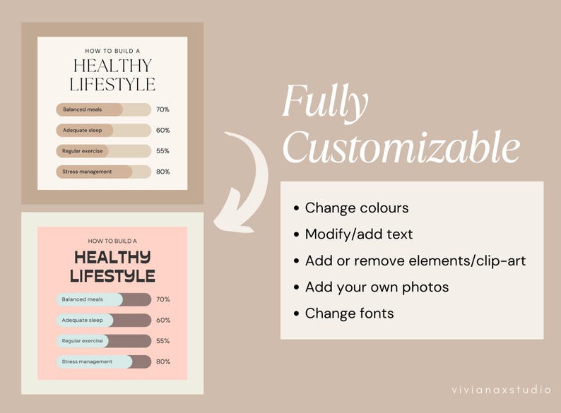May include: A digital graphic with the text "HOW TO BUILD A HEALTHY LIFESTYLE" and a list of health tips with percentages. The graphic also includes the text "Fully Customizable" and options to change colors, modify text, and add elements.