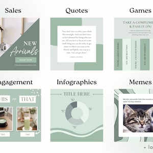 May include: A collection of social media graphics in a soft green color scheme. The graphics include text and images for sales, quotes, games, engagement, infographics, and memes. The text includes "New Arrivals" and "Shop Now".