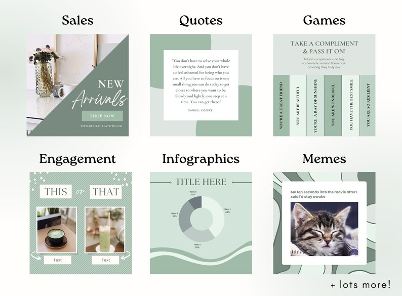 May include: A collection of social media graphics in a soft green color scheme. The graphics include text and images for sales, quotes, games, engagement, infographics, and memes. The text includes "New Arrivals" and "Shop Now".