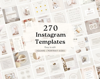 May include: A collection of 270 Instagram templates in square and portrait sizes, with a neutral color palette. The templates are easy to edit and include various designs for social media content. The image also includes the text "NEW ARRIVALS" and "FLASH SALE".