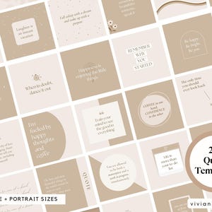 May include: A collection of 225 quote templates in square and portrait sizes, featuring inspirational phrases in a neutral color palette. The templates include text like "Laughter is an instant vacation" and "Remember why you started."