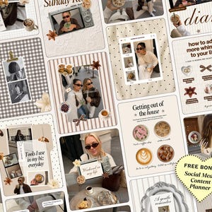 May include: A collection of social media post templates featuring a neutral color palette with beige, cream, and brown tones. The designs include grid layouts, text overlays, coffee imagery, and decorative elements like stars and flowers.