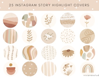 May include: A collection of 25 Instagram Story highlight covers with a neutral, boho aesthetic. Each cover features a unique watercolor design in shades of beige, brown, and muted greens, including floral, abstract, and geometric patterns. Text at the top reads "25 Instagram Story Highlight Covers".