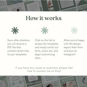 May include: A light green and white graphic with the text "How it works" and instructions for using templates. The steps include receiving a PDF, accessing templates, and exporting designs to Instagram. The image also includes the text "GIVEAWAY" and "OFF".