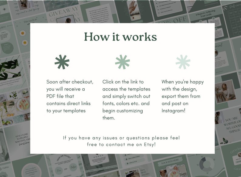 May include: A light green and white graphic with the text "How it works" and instructions for using templates. The steps include receiving a PDF, accessing templates, and exporting designs to Instagram. The image also includes the text "GIVEAWAY" and "OFF".