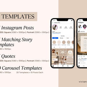 May include: A digital product advertisement featuring two smartphones displaying Instagram templates. The image includes text indicating 950 templates, including Instagram posts, story templates, quotes, and carousel templates. The color scheme is neutral with beige and brown tones.