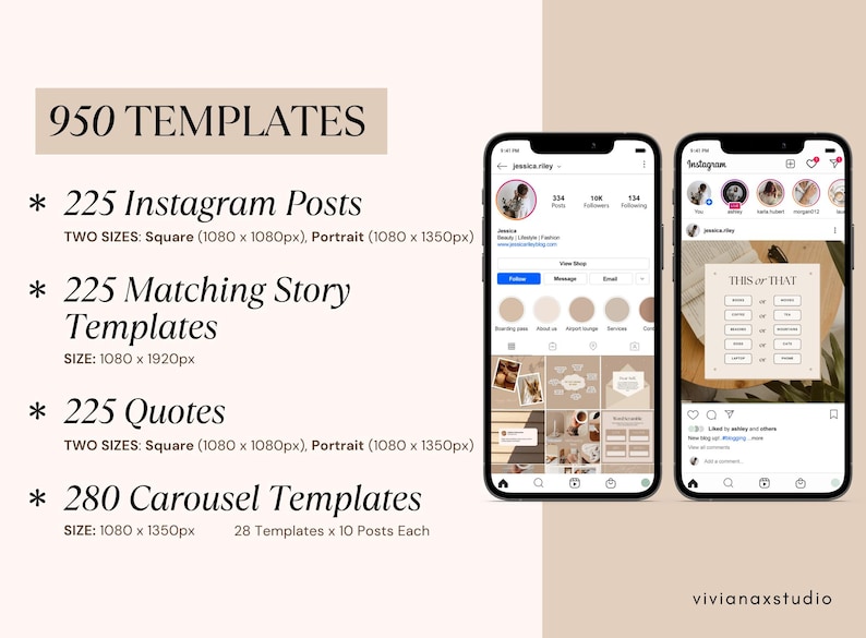May include: A digital product advertisement featuring two smartphones displaying Instagram templates. The image includes text indicating 950 templates, including Instagram posts, story templates, quotes, and carousel templates. The color scheme is neutral with beige and brown tones.