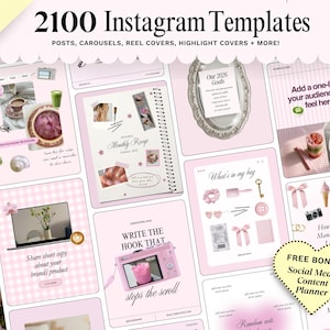 Puede incluir: Una colección de 2100 plantillas de Instagram en una suave combinación de colores rosa. Las plantillas incluyen publicaciones, carruseles, portadas de carretes y portadas destacadas. La imagen presenta varios diseños con texto y gráficos.