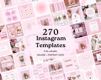May include: A collection of 270 Instagram templates in various square and portrait sizes, displayed in a pink and white color scheme. The templates are fully editable and include designs for new arrivals, giveaways, and podcasts.