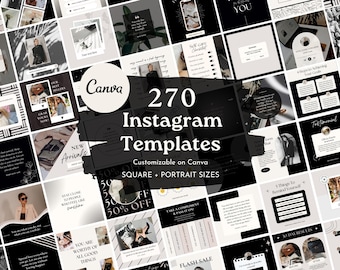 270 Black Instagram Templates:  Minimal Canva Social Media Templates