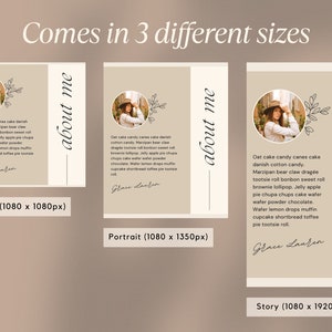 May include: An advertisement graphic with the text "Comes in 3 different sizes" and three layout options: square, portrait, and story. Each layout features a photo of a person and the words "about me".