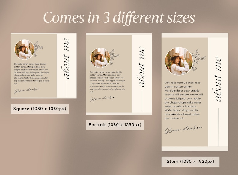 May include: An advertisement graphic with the text "Comes in 3 different sizes" and three layout options: square, portrait, and story. Each layout features a photo of a person and the words "about me".