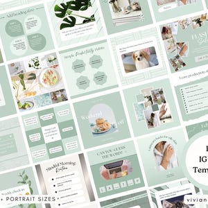 May include: A collection of 100 Instagram post templates in square and portrait sizes. The templates feature a soft green and white color scheme with various layouts, including text, images, and graphics. The text includes phrases like "Flash Sale" and "Weekend".
