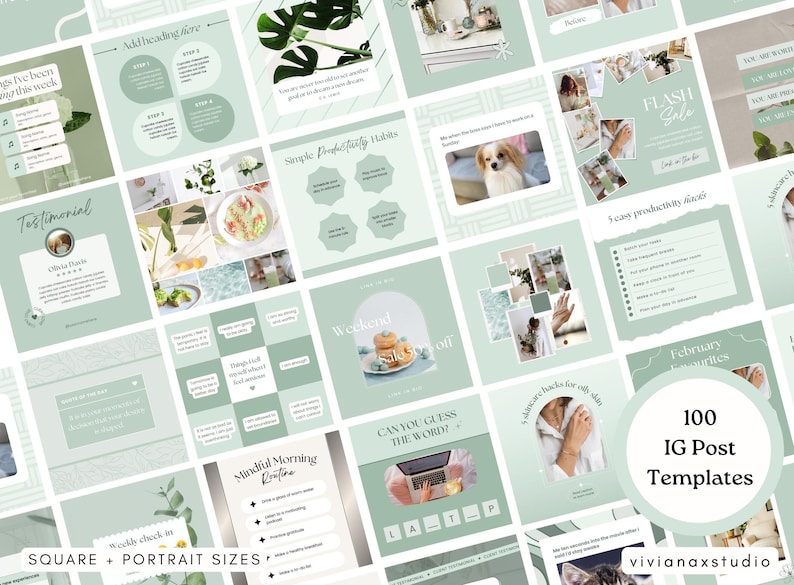 May include: A collection of 100 Instagram post templates in square and portrait sizes. The templates feature a soft green and white color scheme with various layouts, including text, images, and graphics. The text includes phrases like "Flash Sale" and "Weekend".