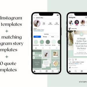 May include: Two smartphones displaying Instagram templates. The left phone shows a profile with a grid of posts, while the right phone displays a story. Text on the left reads: 100 Instagram post templates, 100 matching Instagram story templates, and 70 quote templates.