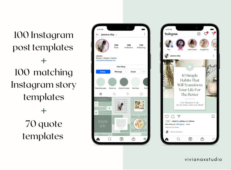 May include: Two smartphones displaying Instagram templates. The left phone shows a profile with a grid of posts, while the right phone displays a story. Text on the left reads: 100 Instagram post templates, 100 matching Instagram story templates, and 70 quote templates.