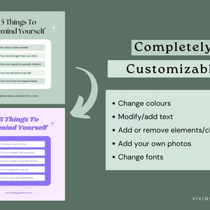 May include: Two digital art designs with the text "5 Things To Remind Yourself" in a light green and purple color scheme. The designs include a list of reminders and the words "Completely Customizable".