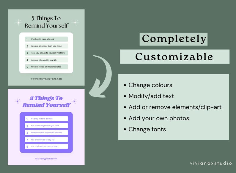 May include: Two digital art designs with the text "5 Things To Remind Yourself" in a light green and purple color scheme. The designs include a list of reminders and the words "Completely Customizable".