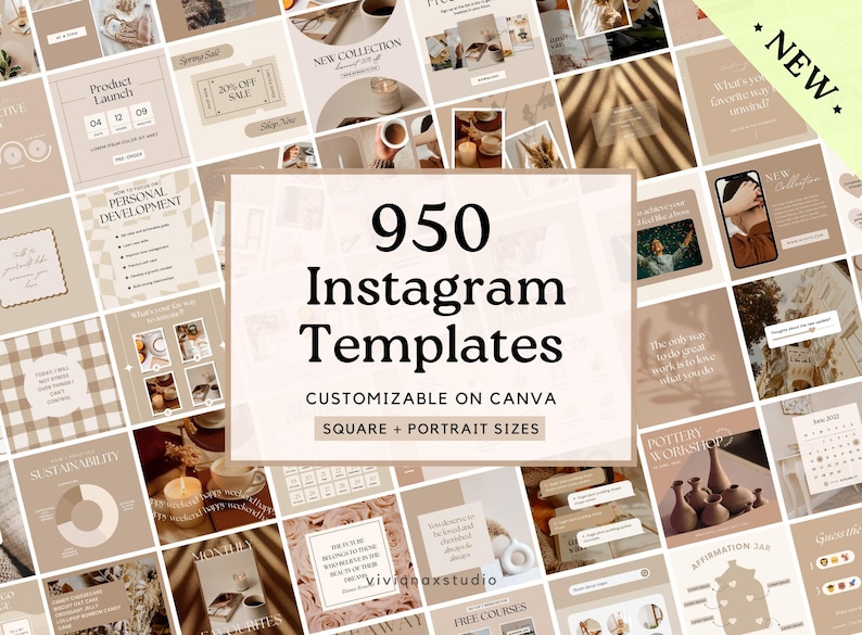 May include: A collection of 950 Instagram templates in square and portrait sizes, customizable on Canva. The templates feature a neutral color palette with beige, brown, and white tones. Various layouts include product launch announcements, sale promotions, and personal development tips.