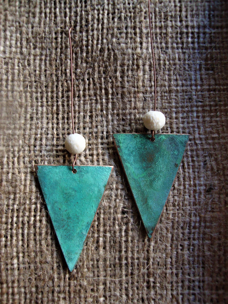 Trianglular Bohemian Earrings with Lava Bead Long Dangle Patina Copper Earrings Geometric Vintage Earrings Turquoise Boho Summer Earrings