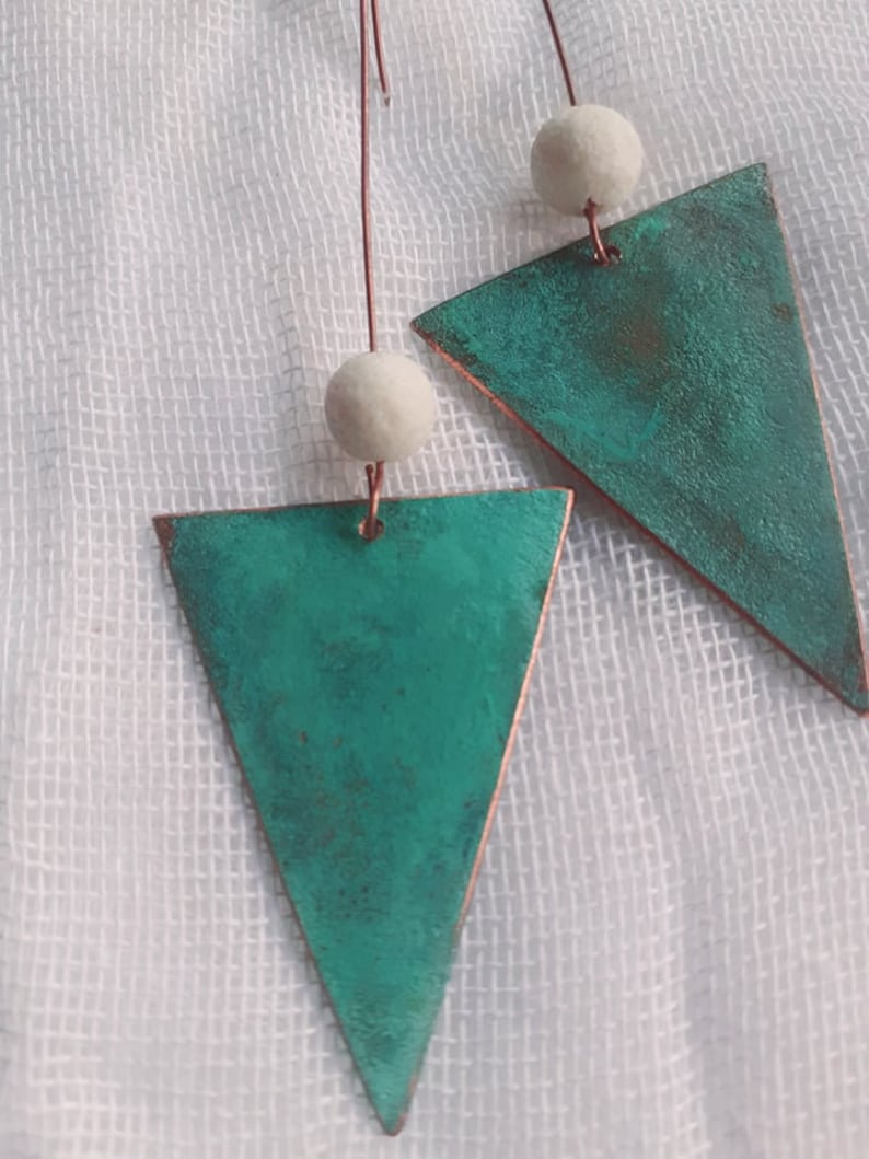 Trianglular Bohemian Earrings with Lava Bead Long Dangle Patina Copper Earrings Geometric Vintage Earrings Turquoise Boho Summer Earrings