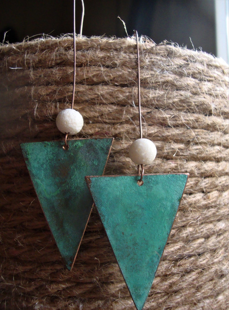 Trianglular Bohemian Earrings with Lava Bead Long Dangle Patina Copper Earrings Geometric Vintage Earrings Turquoise Boho Summer Earrings