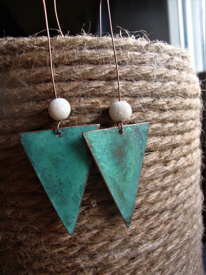 Trianglular Bohemian Earrings with Lava Bead Long Dangle Patina Copper Earrings Geometric Vintage Earrings Turquoise Boho Summer Earrings