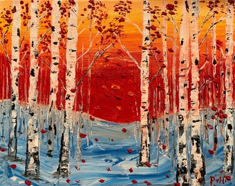 BIRCH TREES, Modern, Landscape, Original, Painting On Canvas, Large, Wall Contemporary Art - Birch Trees At Winter Sunset