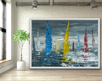 SAILBOATES Abstract Modern Colorful Original Sailboats Painting On Canvas Large Wall Contemporary Art