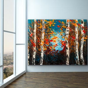 BIRCH TREES, Modern, Landscape, Original, Painting On Canvas, Large, Autumn, Wall Contemporary Art - Birch Trees