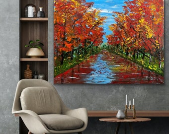 FALL LANDSCAPE PAINTING, Tree, Original, Modern,Abstract, Painting On Canvas, Large, Autumn,  Wall Contemporary Art - Fall