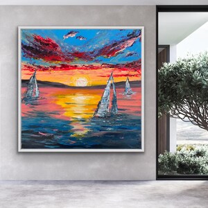 Abstract Modern Colorful Original Sailboats Sunset Textured Painting On Canvas Large Wall Contemporary Art - Sailboats