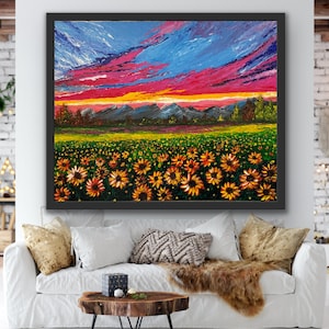 Abstrait paysage original coloré moderne peinture sur toile grand mur art contemporain - champ de tournesols