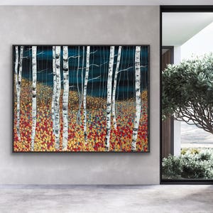 BIRCH TREES, Blue And Orange Birch Tree, Modern, Landscape, Original, Painting On Canvas, Large, Wall Contemporary Art - Birch Trees