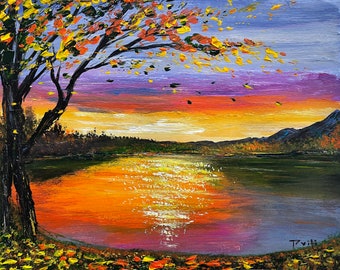 Automne Paysage Peinture Arbres Abstrait Moderne Original Coucher de Soleil Peinture Sur Toile Grand Mur Art Contemporain - Automne