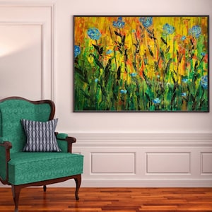 Colorful Original Abstract Floral Modern Painting On Canvas Large Wall Contemporary Art - Abstract Blue Flower