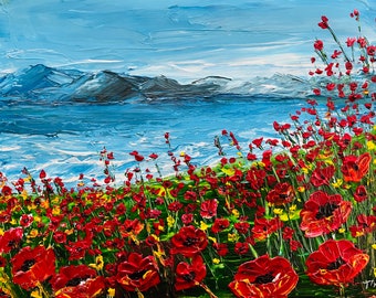 LANDSCAPE PAINTING, Poppy flower field, Modern,Abstract, Original, Painting On Canvas, Large, Wall Contemporary Art