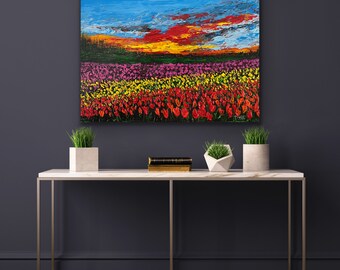 Original Abstract Landscape Modern Colorful Tulip Flowers Painting On Canvas Large Wall Contemporary Art- Tulip FlowerField