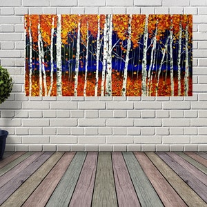 BIRCH TREE, Blue And Orange Birch Tree, Modern, Landscape, Original, Painting On Canvas, Large, Wall Contemporary Art - Birch Tree In Fall