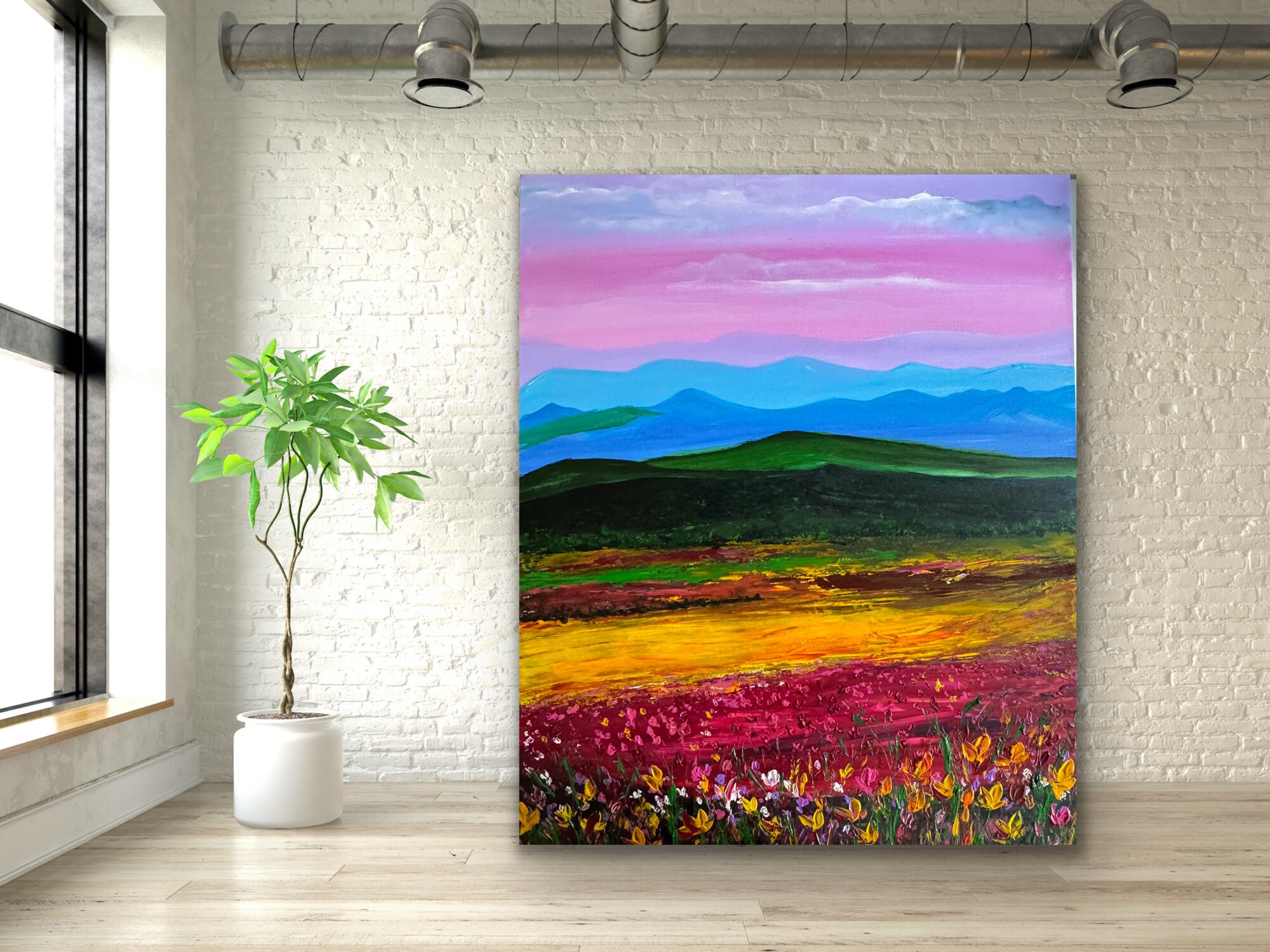 LANDSCAPE Flower Field Modern Abstract Original Painting on Canvas ...