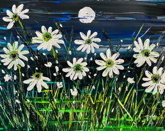 Colorful Original Abstract Modern Flower Painting On Canvas Large Wall Contemporary Art - Daisy Field In The Night