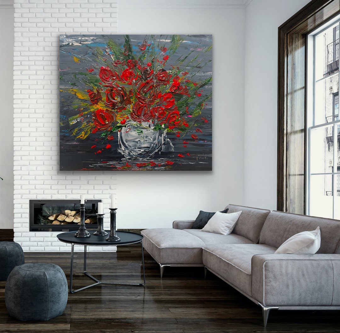 Original Abstract Modern Colorful Floral Painting on Canvas Large Wall ...