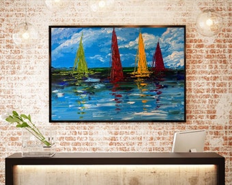 Abstract Modern Colorful Original Sailboats Painting On Canvas Large Wall Contemporary Art - Sailboats