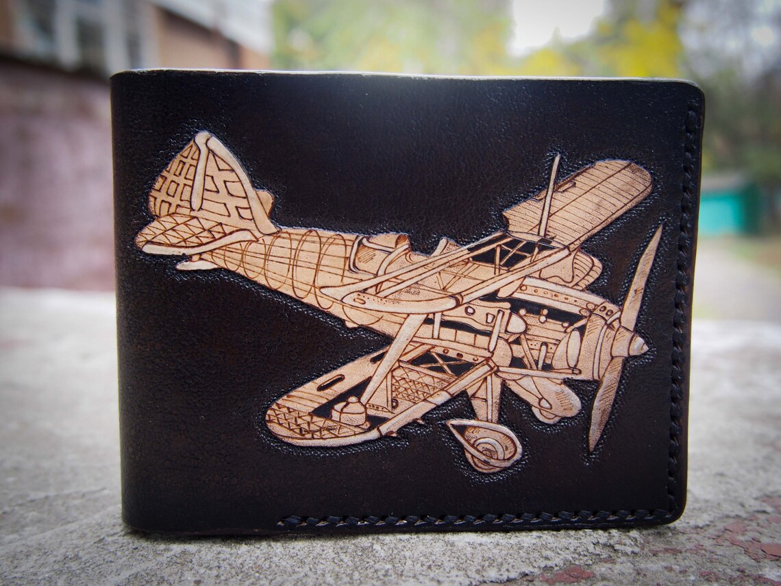 Leather wallet with aeroplane aeroplane wallet Plane Pilot Etsy