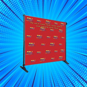May include: A red backdrop with a white and blue logo that says "FAV Focus Motivate" repeated throughout the backdrop. The backdrop is on a black stand with adjustable legs. The backdrop is used for photos and videos.